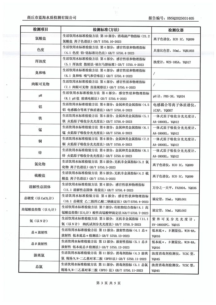 水務(wù)公司三月份水質(zhì)檢測報告